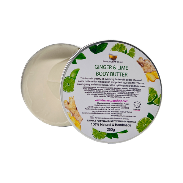 Eco-friendly vegan body butter in aluminium tin, shown open with cream inside. Ginger and lime.