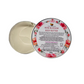 Eco-friendly vegan body butter in aluminium tin, shown open with cream inside. Rose blossom.