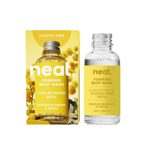 Neat body refill in Mimosa blossom and neroli concentrated glass bottle refill