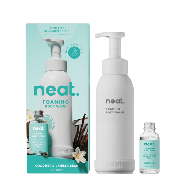 Neat body wash and refill set in Coconut and vanilla bean showing the refillable aluminium bottle next to concentrated glass bottle refill