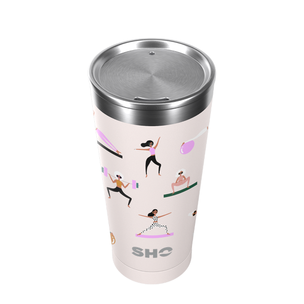 Reusable coffee cup Calix Work it out (pale background with cartoon people working out)