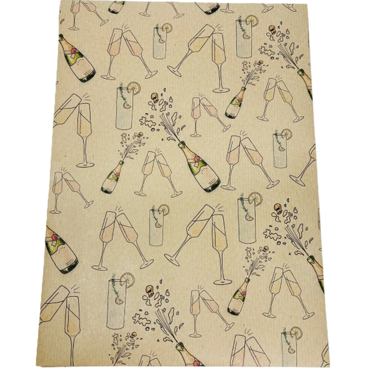 Handmade recycled wrapping paper (kraft brown paper background with hand-drawn style glasses and champagne bottles)