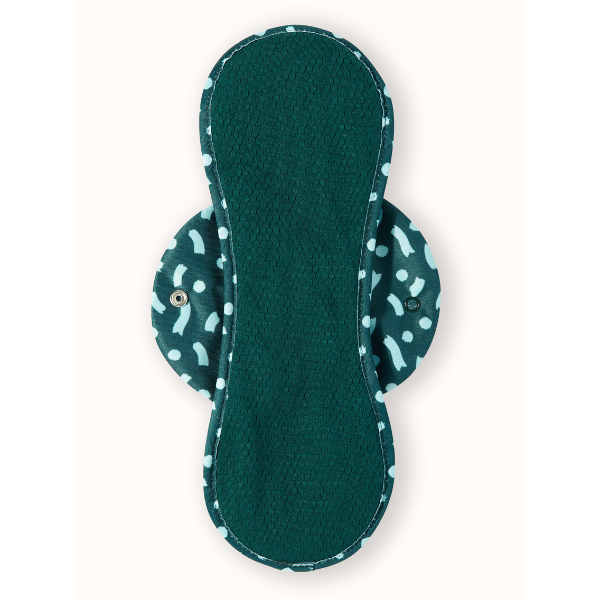 Reusable period pad in Celeste design (teal background with light blue pattern), heavy, shown from above