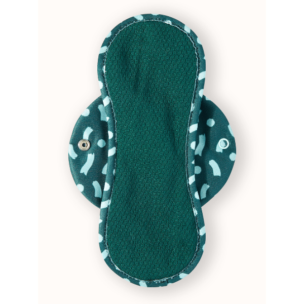 Reusable period pad in Celeste design (teal background with light blue pattern), light, shown from above