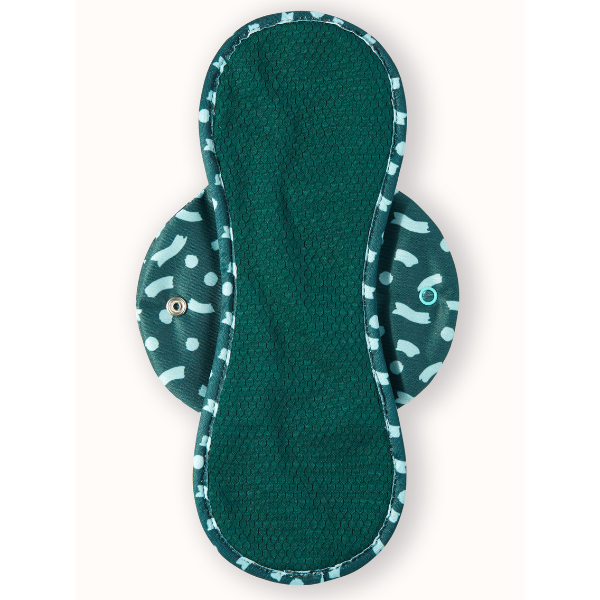Reusable period pad in Celeste design (teal background with light blue pattern), moderate, shown from above