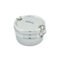Stainless steel stackable round lunch boxes shown stacked together on a white surface, featuring the brand 'A Slice of Green'.