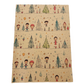 Handmade recycled wrapping paper in Christmas Starry Nights design (brown kraft paper with hand-drawn style Christmas trees, snow and people)