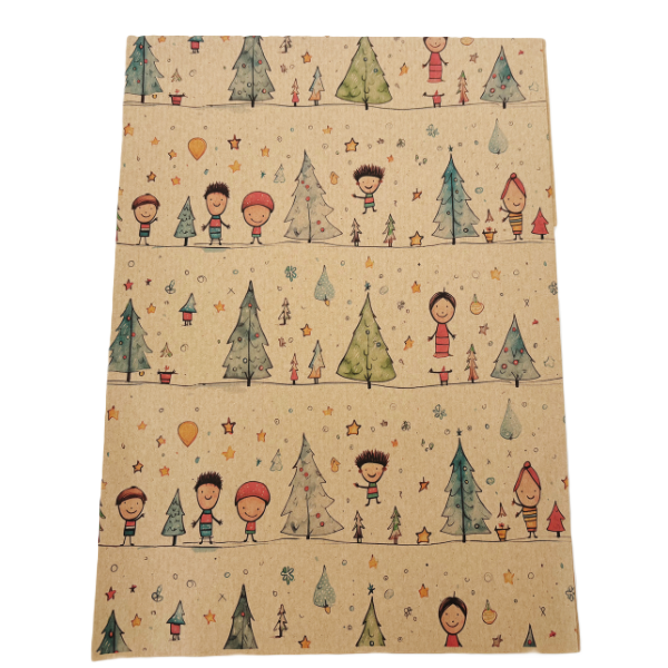 Handmade recycled wrapping paper in Christmas Starry Nights design (brown kraft paper with hand-drawn style Christmas trees, snow and people)