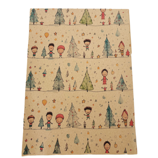 Handmade recycled wrapping paper in Christmas Starry Nights design (brown kraft paper with hand-drawn style Christmas trees, snow and people)