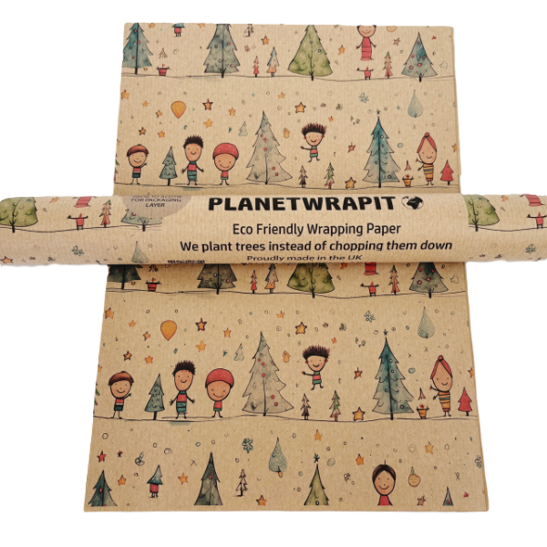 Handmade recycled wrapping paper in Christmas Starry Nights design (brown kraft paper with hand-drawn style Christmas trees, snow and people)