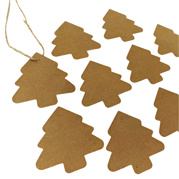 Several Kraft paper gift tags in shape of Christmas tree with natural twine