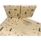 Handmade recycled Christmas wrapping paper in Woodland friends (brown kraft paper with hand-drawn style woodland creatures and Christmas trees) shown next to a wrapped gift