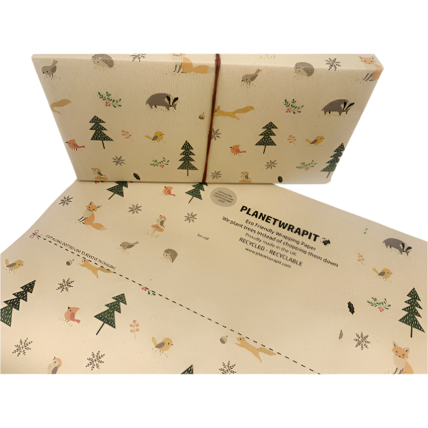 Handmade recycled Christmas wrapping paper in Woodland friends (brown kraft paper with hand-drawn style woodland creatures and Christmas trees) shown next to a wrapped gift