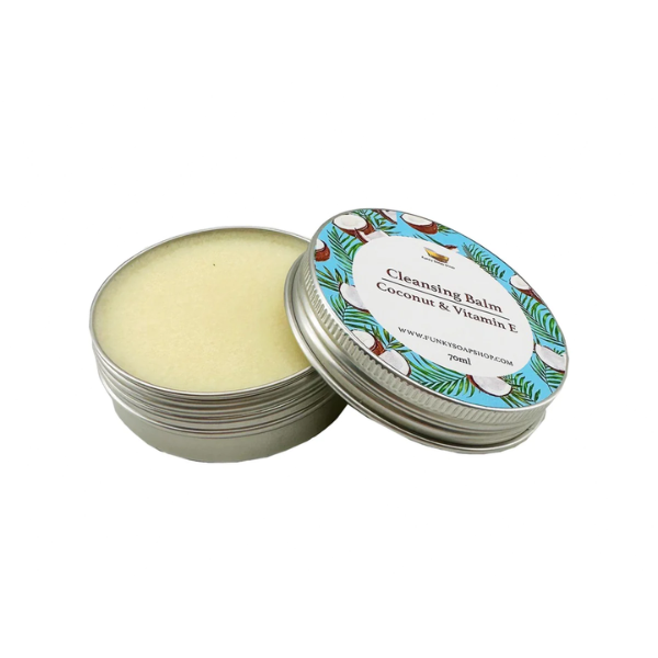 Funky Soap cleansing balm in aluminium tin with lid off showing balm inside