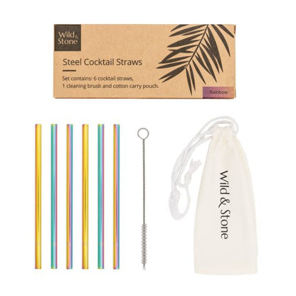 Steel cocktail straw set in rainbow (multicoloured straws) alongside cotton pouch and straw cleaning brush