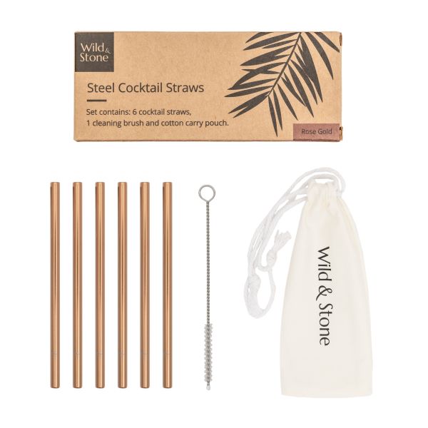 Steel cocktail straw set in rose gold colour alongside cotton pouch and straw cleaning brush
