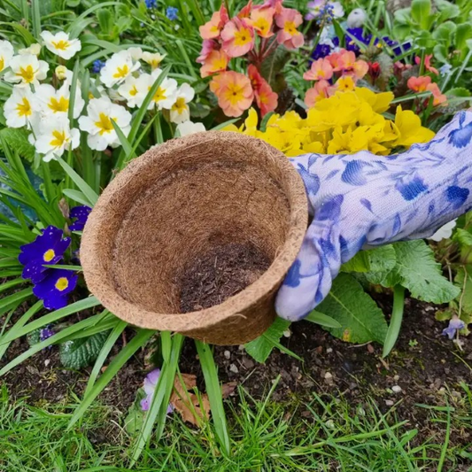 Coco coir biodegradable and reusable plant pot shown in a hand next to some flowering plants