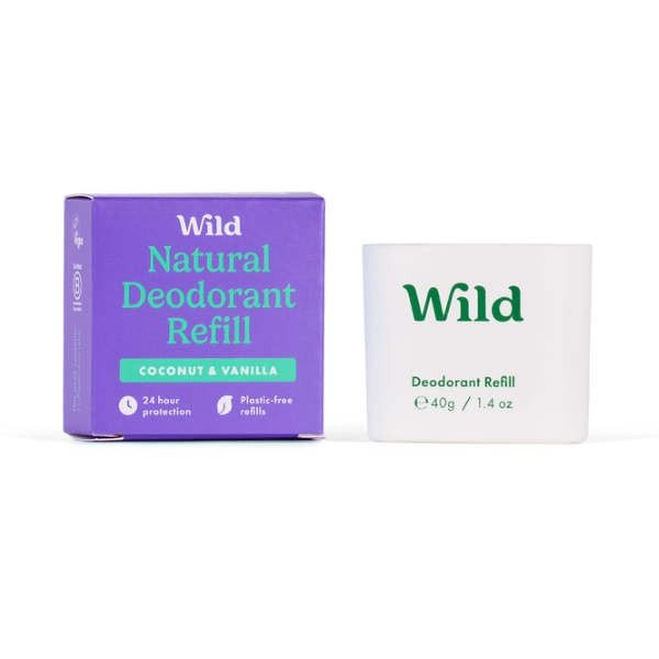 Deodorant refill alongside its cardboard packaging (coconut and vanilla)