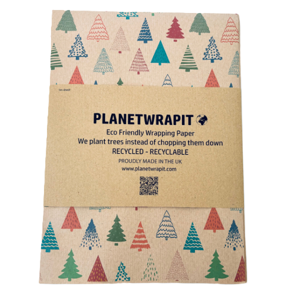 Handmade wrapping paper in Colourful Christmas Trees design (brown kraft background with colourful Christmas trees in a hand-drawn style) with paper wrapper