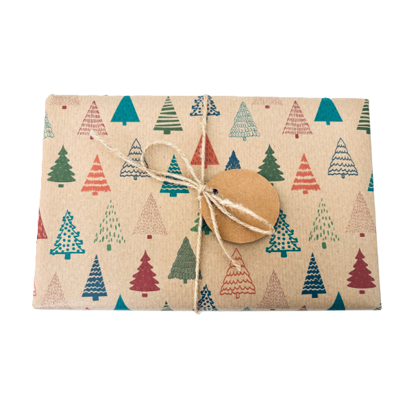 Parcel wrapped in recycled handmade wrapping paper in Colourful Christmas Trees design (brown kraft background with colourful Christmas trees in a hand-drawn style) tied with brown twine 