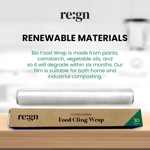 Compostable cling film shown in cardboard dispenser with text reading "Renewable materials, Bio food wrap is made from plants, cornstarch, vegetable oils, and so it will degrade within 6 months. Our film is suitable for both home and industrial composting."