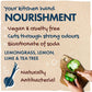 A hand chopping a green pepper, alongside text reading "Your kitchen hand nourishment; vegan and cruelty-free, cuts through strong odours, bicarbonate of soda; lemongrass, lemon, lime and tea tree; naturally antibacterial."