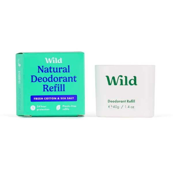 Deodorant refill alongside its cardboard packaging (fresh cotton and seasalt)