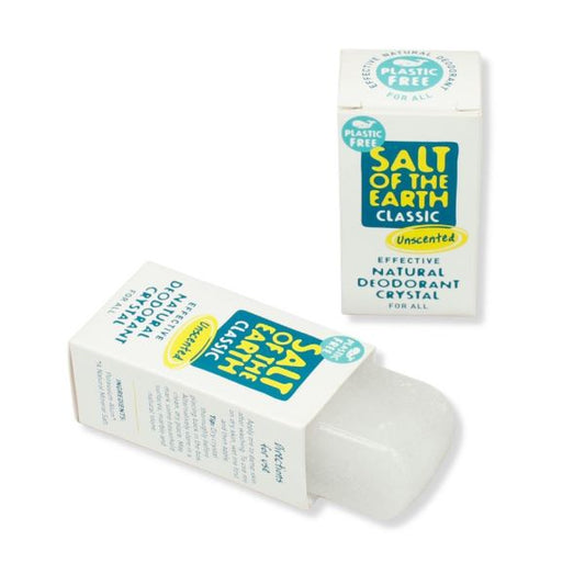 Salt of the Earth crystal deodorant, shown out of the cardboard box, lying on its side