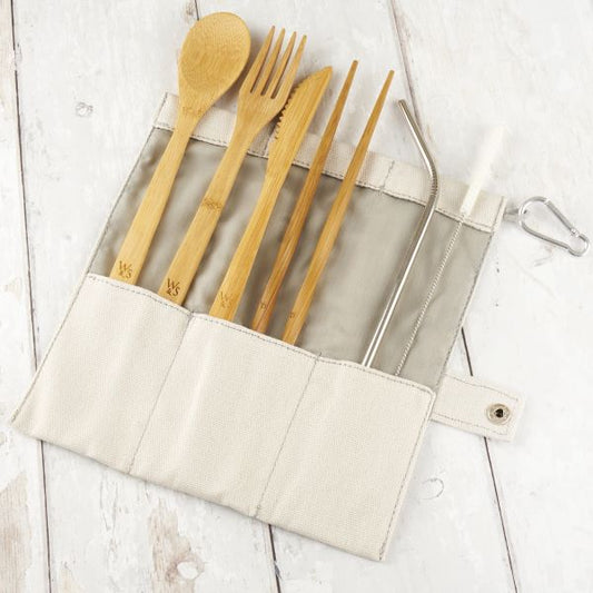 Bamboo cutlery set with chopsticks, straw and straw cleaning brush shown in cotton pouch with carabiner clip
