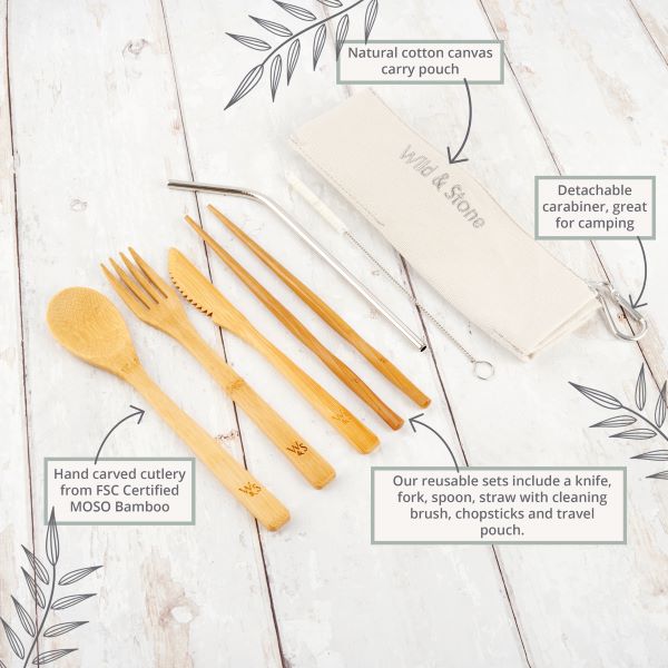 Bamboo cutlery set with chopsticks, straw and straw cleaning brush shown in cotton pouch with carabiner clip infographic