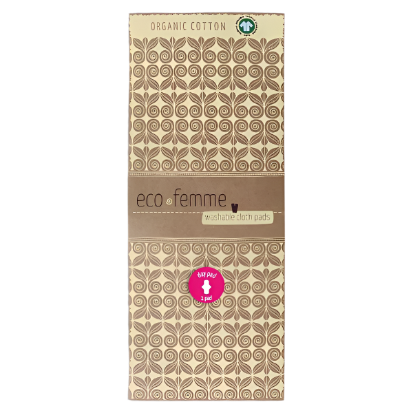 Eco Femme natural organic period pad, showing cardboard packaging