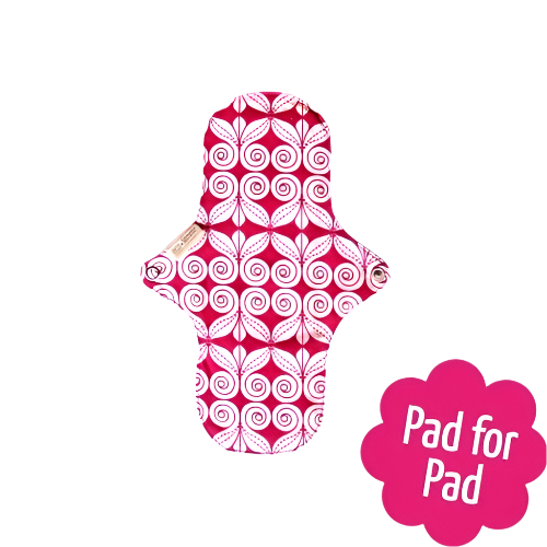 Eco Femme natural organic period day pad, showing 4 backing pattern (red and white swirls)