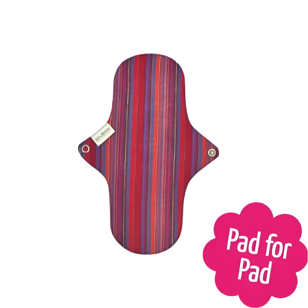 Eco Femme reusable day period pad vibrant showing back of pad with purple and red stripes