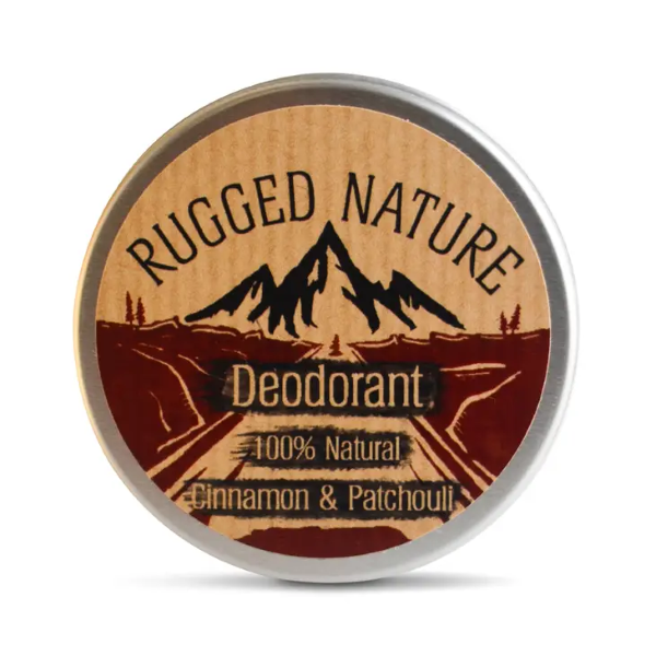 Rugged Nature natural deodorant in a recyclable tin with a label reading "Deodorant 100% natural, cinnamon & patchouli"