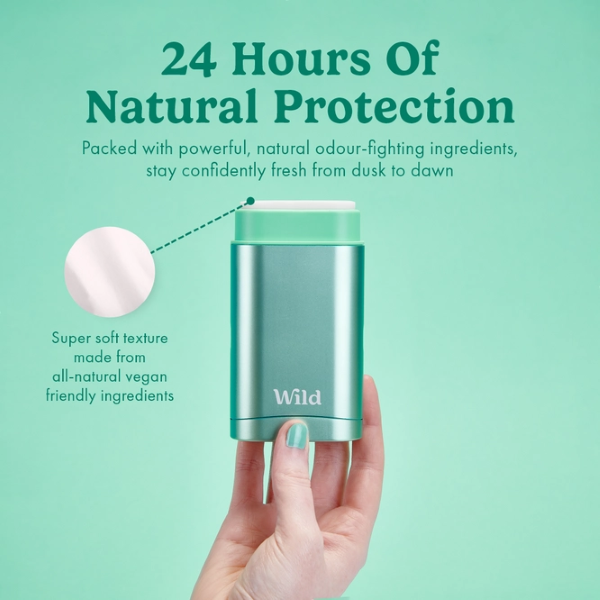 Deodorant case with info reading '24 hours of natural protection, packed with powerful, natural odour-fighting ingredients, stay confidently fresh from dusk to dawn, super soft texture made from all-natural vegan-friendly ingredients'