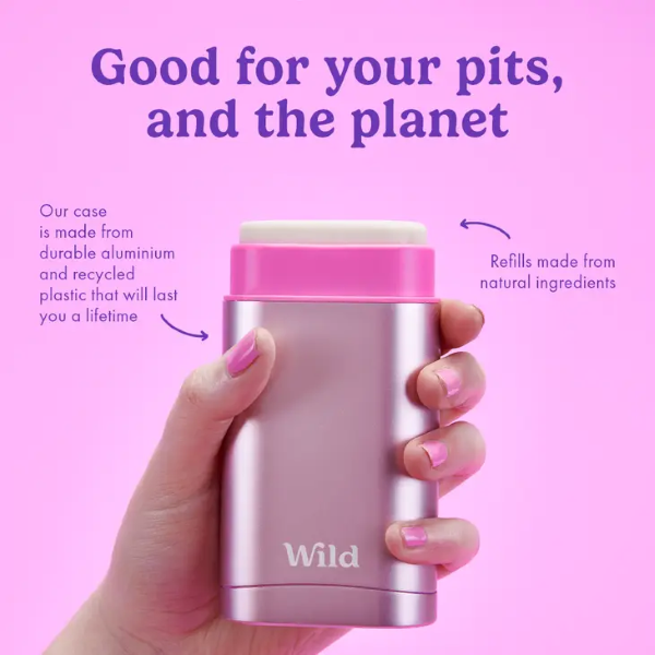 Deodorant case info reading 'good for your pits and the planet, our case is made from durable aluminium and recycled plastic that will last you a lifetime. refills made from natural ingredients'