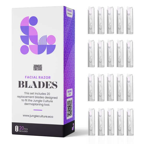 Jungle Culture's dermaplaner replacement razor blades in cardboard packaging