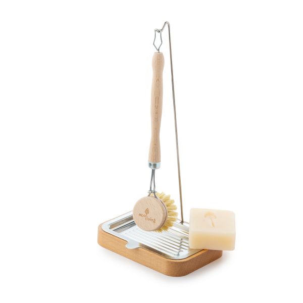 Dish brush holder shown with wooden brush hanging from the hook, and dish soap bar alongside