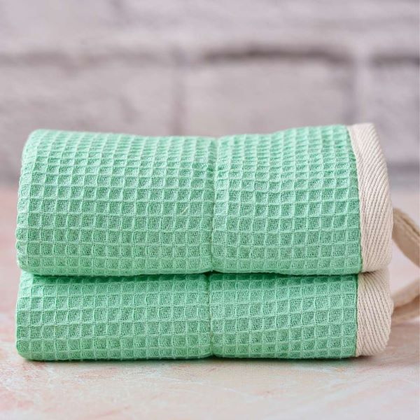 Organic sisal and cotton dishcloth in green with white trim (2 cloths shown)