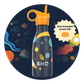 Kid's insulated bottle from SHO in Space design (black background with colourful space images, orange straw lid and orange screw lid)