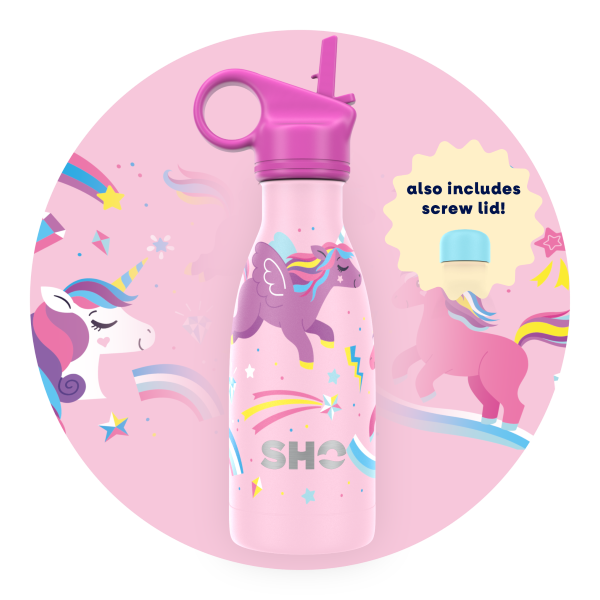 Kid's insulated bottle from SHO in Unicorn design (pink background with colourful unicorns and rainbows, pink straw lid and blue screw lid)