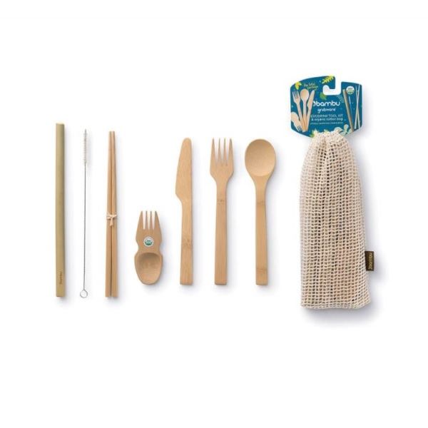 Travel eat and drink kit shown with each item laid alongside cotton net bag