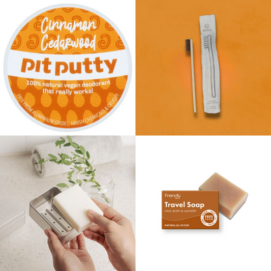 Image showing each of the 4 items in the eco-friendly gift set for travel