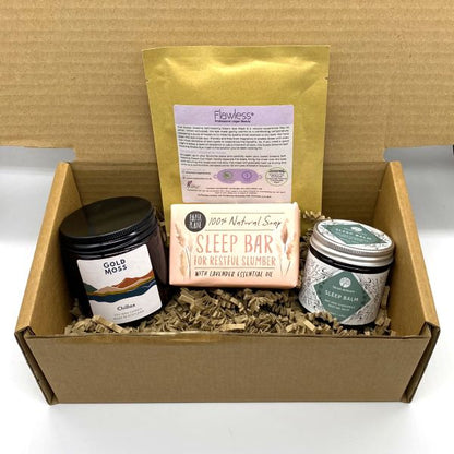 Eco-friendly gift set for a restful sleep option 2 showing the various products inside a brown cardboard gift box 