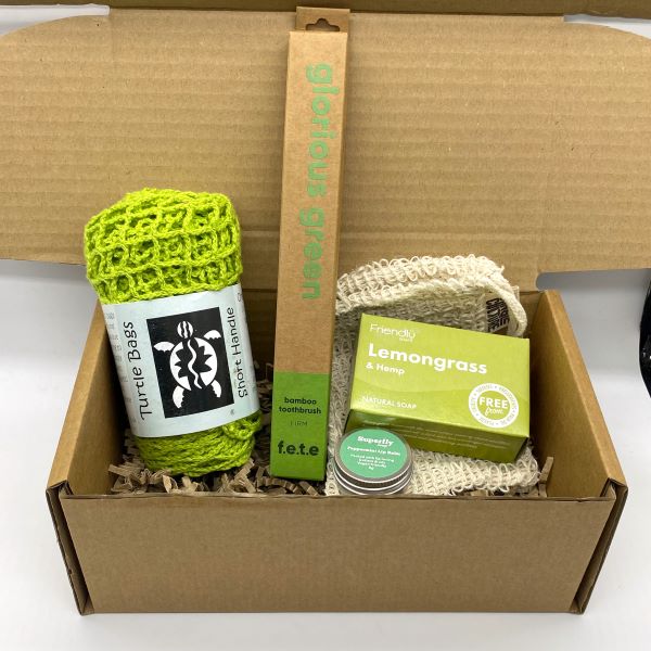 Eco-friendly starter gift set inside cardboard packaging with contents inside in bright shades of green
