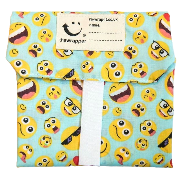 Emoji sandwich wrapper (mint background with various yellow emoji faces)