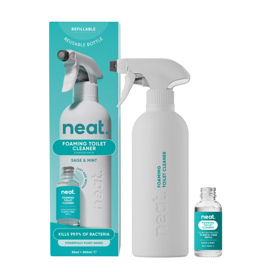 Neat foaming toilet cleaner reusable bottle and refill set shown next to cardboard packaging