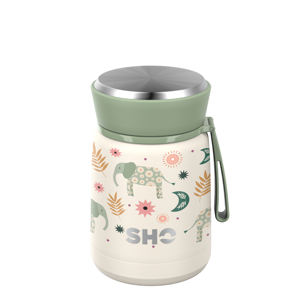 SHO reusable food flask in Elephant Dawn design (a cream background with pale green elephants)