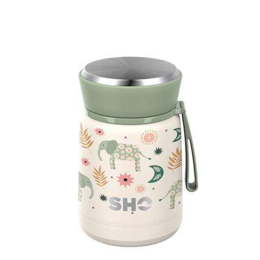 SHO reusable food flask in Elephant Dawn design (a cream background with pale green elephants)
