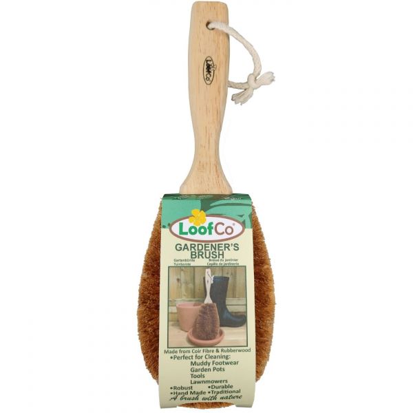 Loofco gardener's brush made from coir and rubberwood, with cardboard label